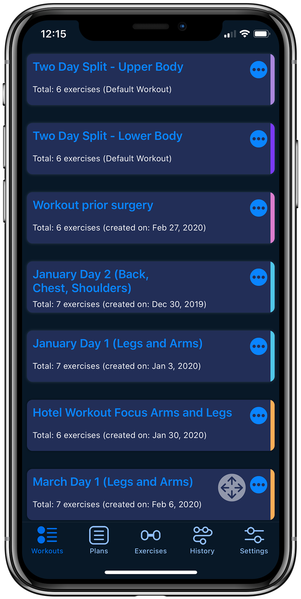 Workout tracker app on iPhone displaying a list of fitness workouts